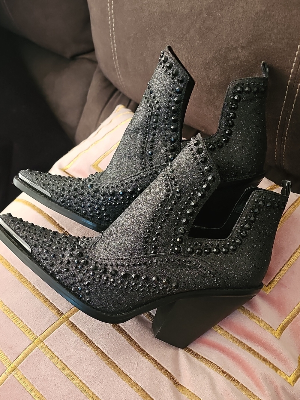 Gianni Bini Black Embellished Pointed Western Ankle Boots